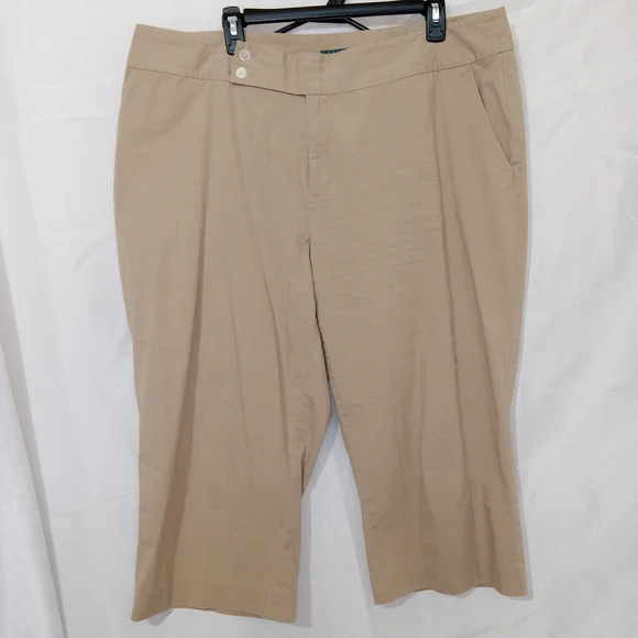 Lauren Ralph Lauren Women 18W Khaki Pants Stretch Cotton Wide Leg Chino Cropped - Picture 2 of 11